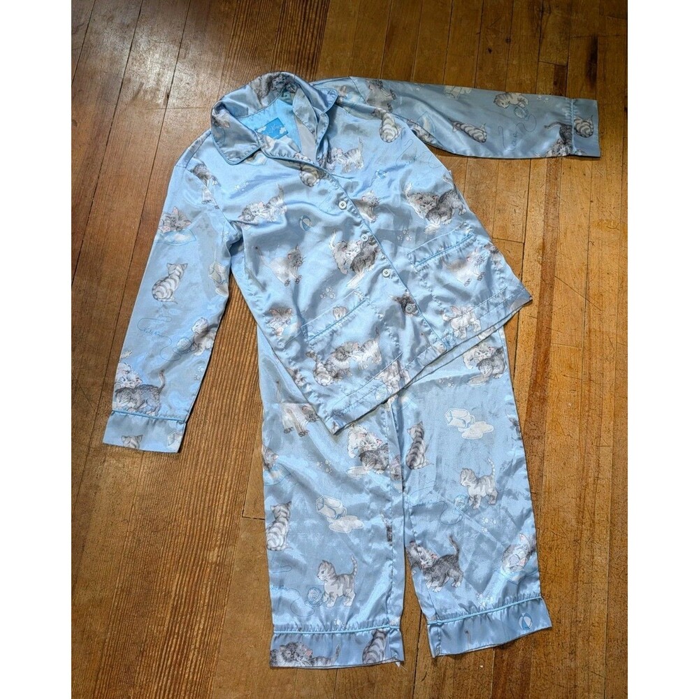Nick & Nora Pajama Set Women Medium M 8 Baby Blue Curious Kittens Pants Set